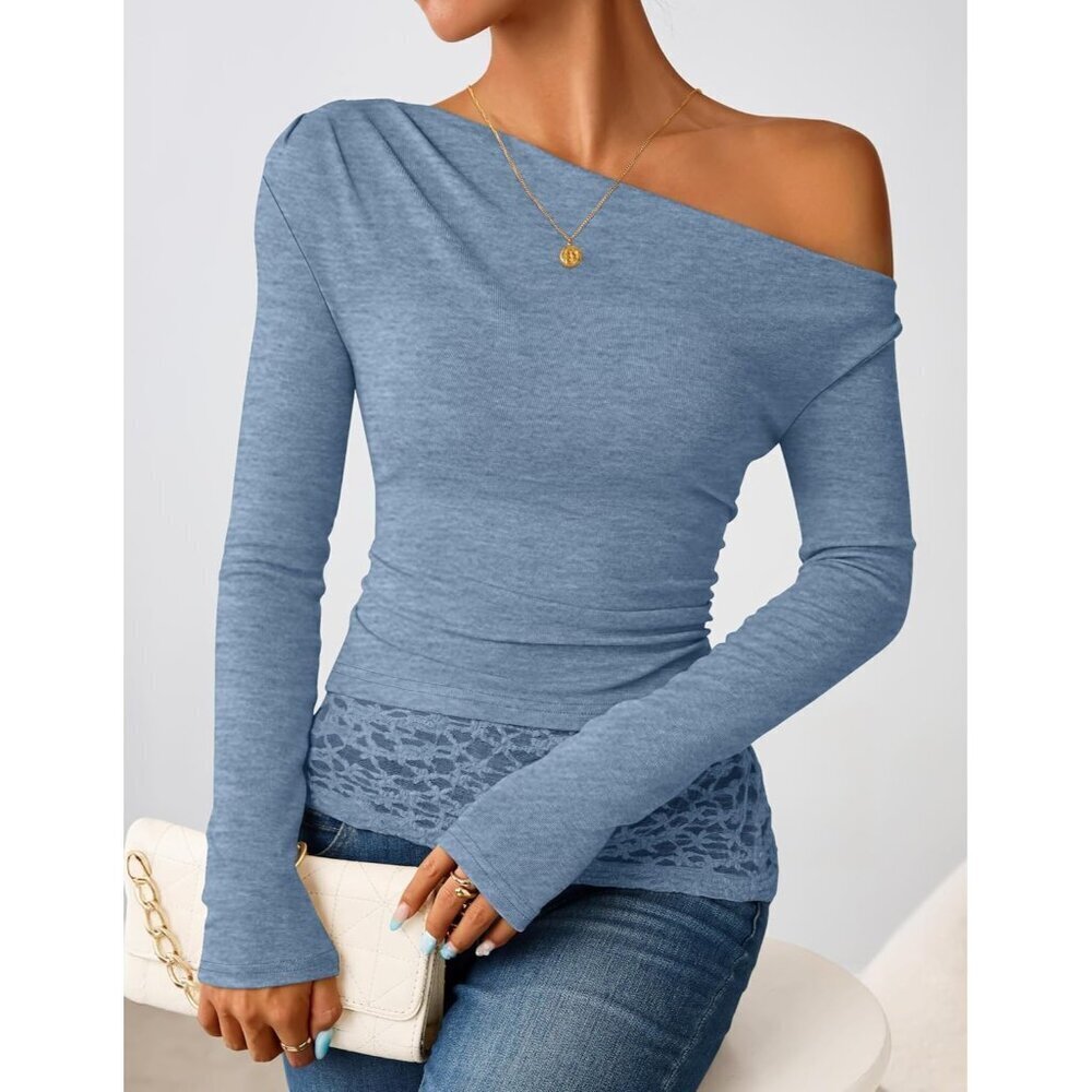 Women Blue Long Sleeve Off Shoulder Tops Casual Boat Neck Lace Shirts Blouses